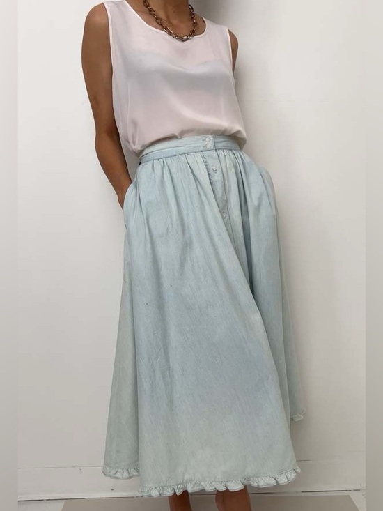 Ralph Lauren Dresses & Skirts - Vintage Ralph Lauren Cotton Maxi Skirt Light Wash Flowy Ruffle Denim Hemline 8